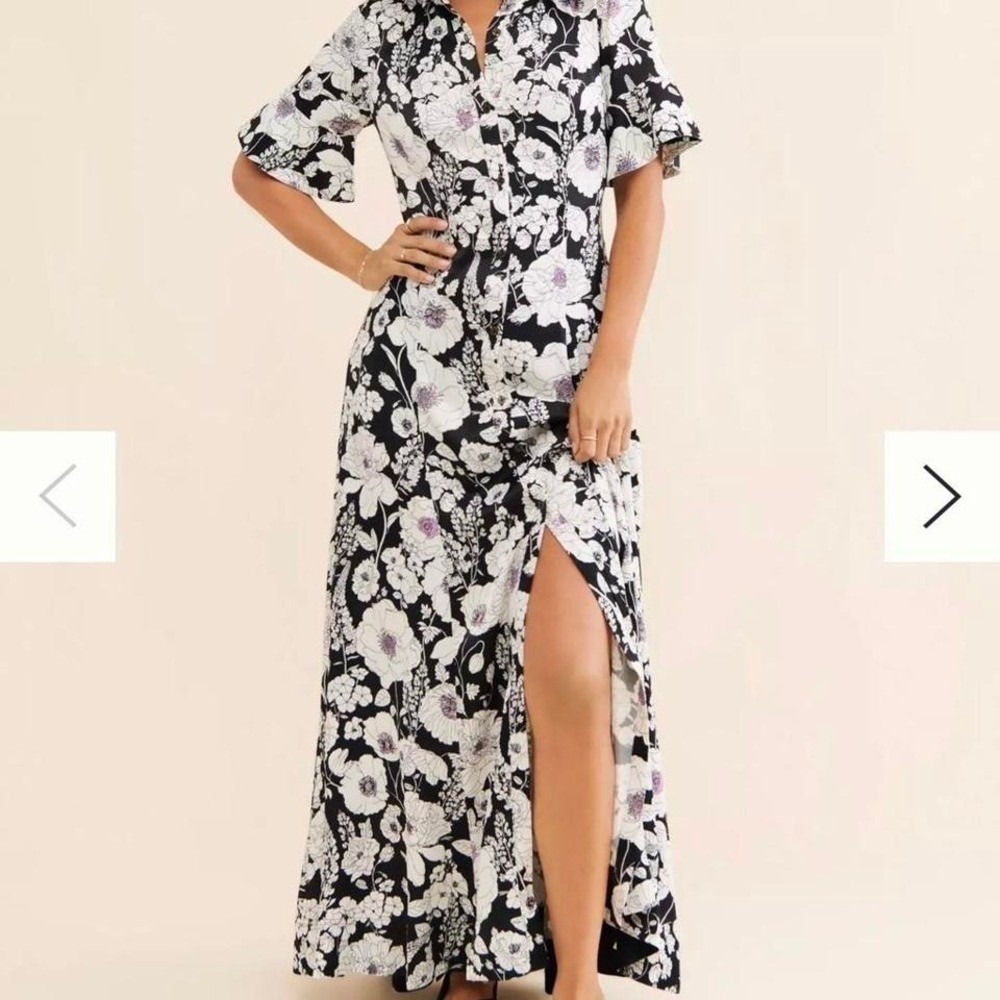 Anthropologie black white floral dress S button front maxi botanical print boho